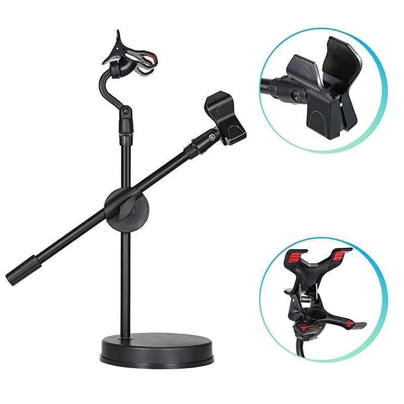 Desk Microphone Stand with Smartphone Holder, Adjustable mic stand with Non-Slip mic holder clamp, Heavy Round Base