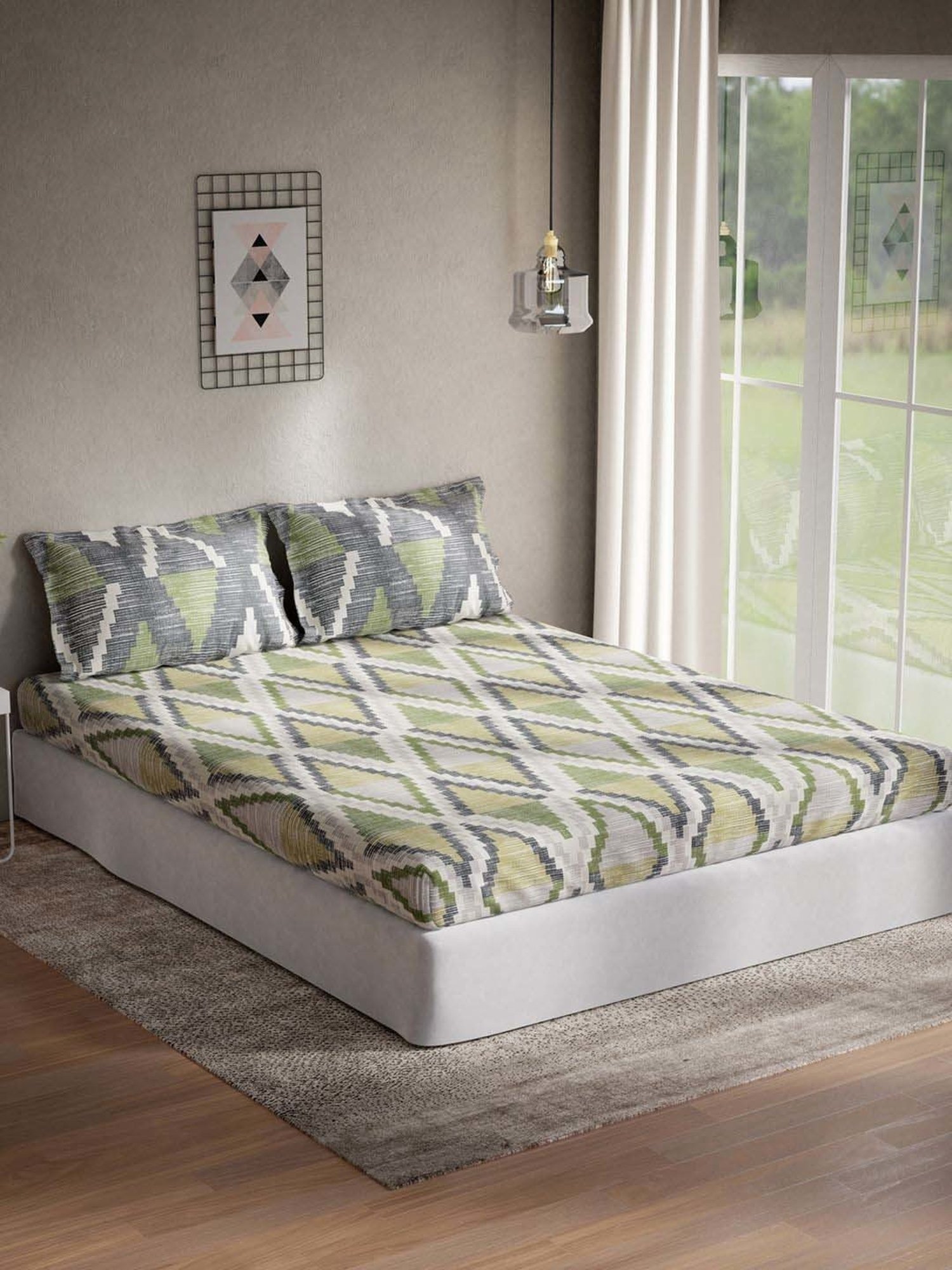 DDecor Plaza Geometric Green Cotton 144 TC Double Bedsheet With 2 Pillow Covers