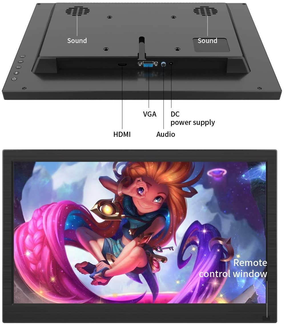 13.3 Inch HD Portable Monitor Display with 1366x768 Resolution Travel Monitor Screen for Laptop PC PS4 Xbox, VGA HDMI Audio Input, VESA Supported