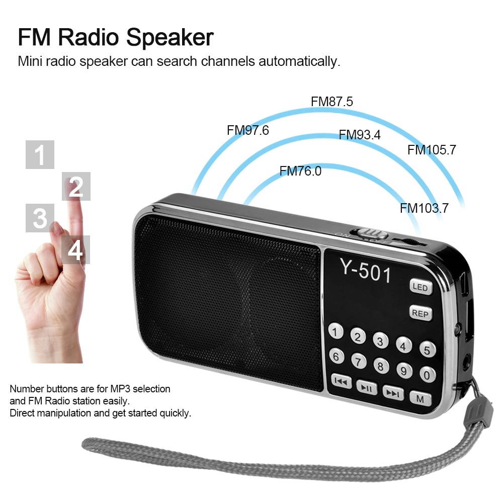 Y-501 Mini FM Radio Digital Portable 3W Stereo Speaker MP3 Audio Player High Fidelity Sound Quality w/ 0.75 Inch Display Screen LED Flashlight Support USB Drive TF Card AUX-IN Earphone-out