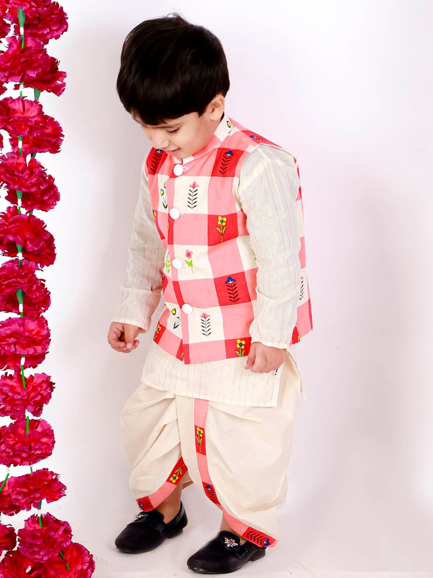 Little Bansi Kids Cream & Red Printed Kurta, Dhotis with Jacket