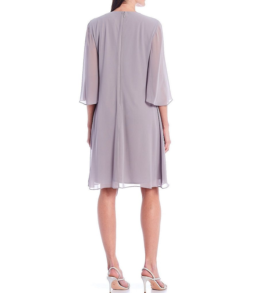 Kay Unger Long Bishop Sleeve V-Neck Crepe A-Line Dress