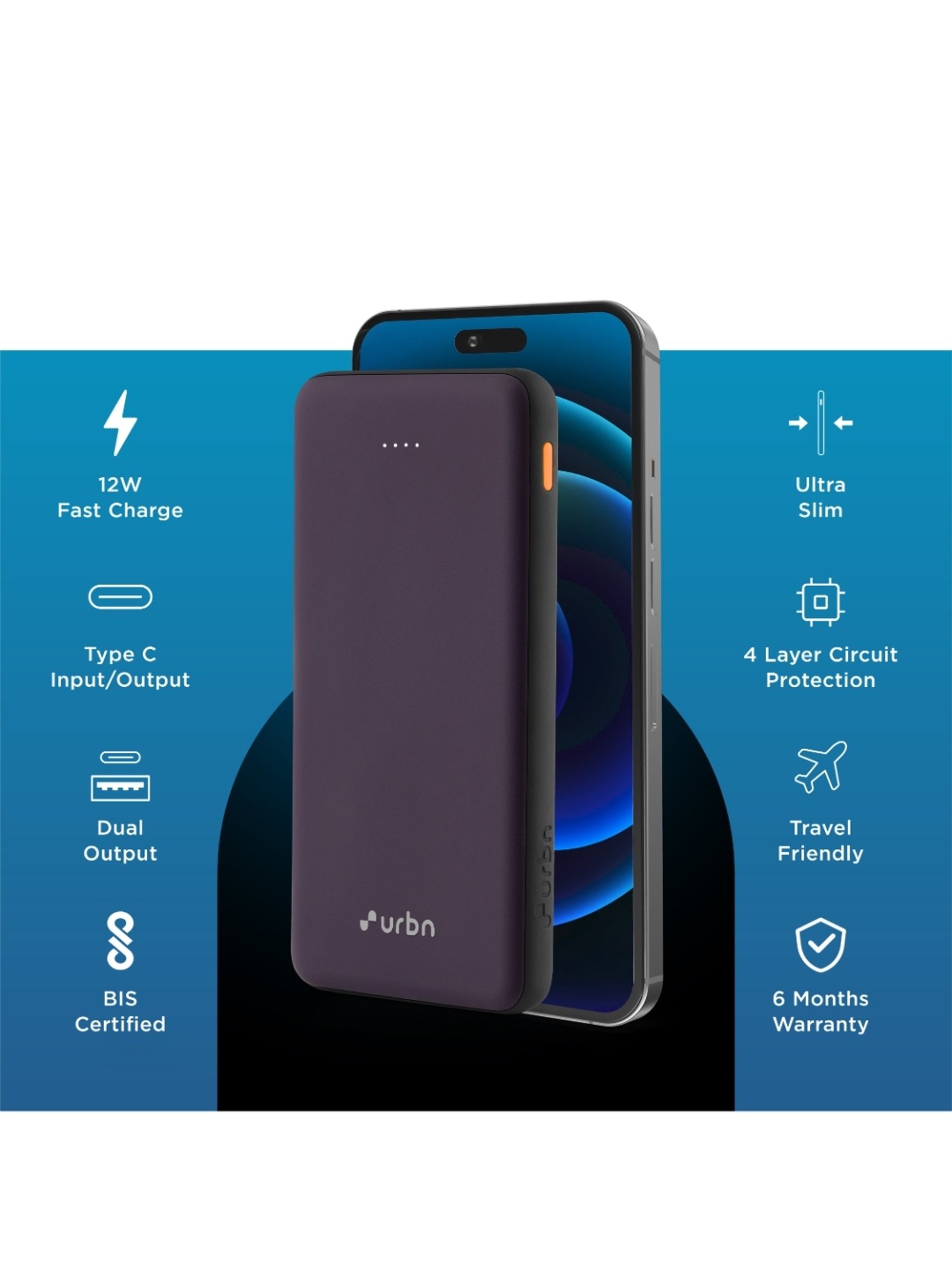 URBN 10000 mAh Ultra Slim 12W Power Bank with Type C Input-Output (Purple)