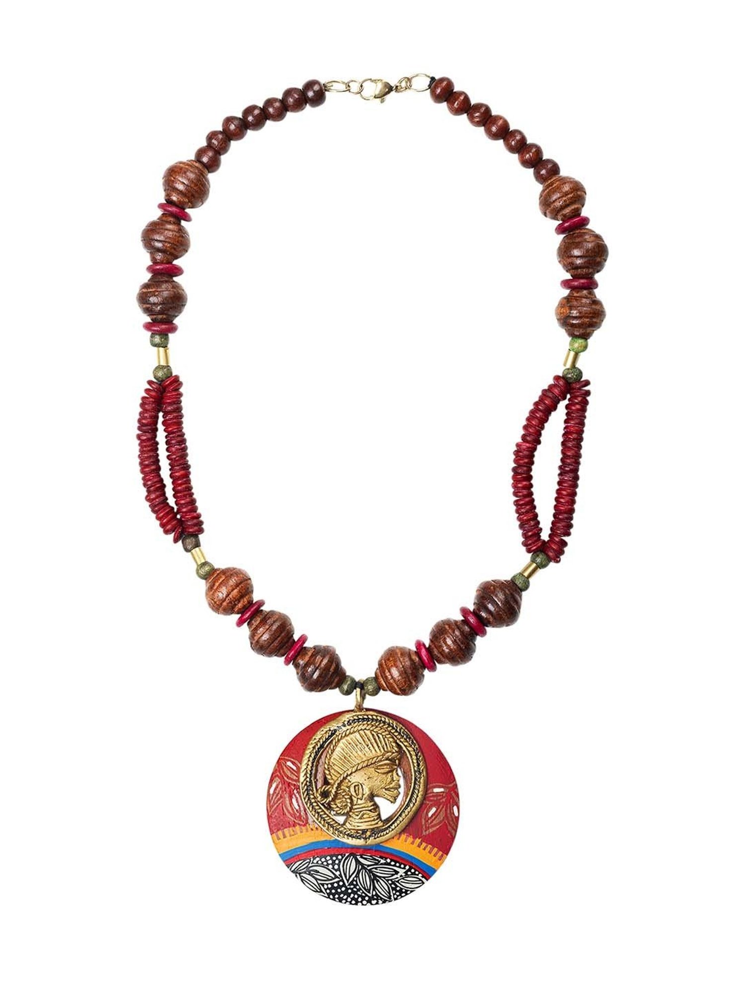 ExclusiveLane Tribal Dhokra Maroon Wood & Brass Necklace Handmade in Dhokra Art