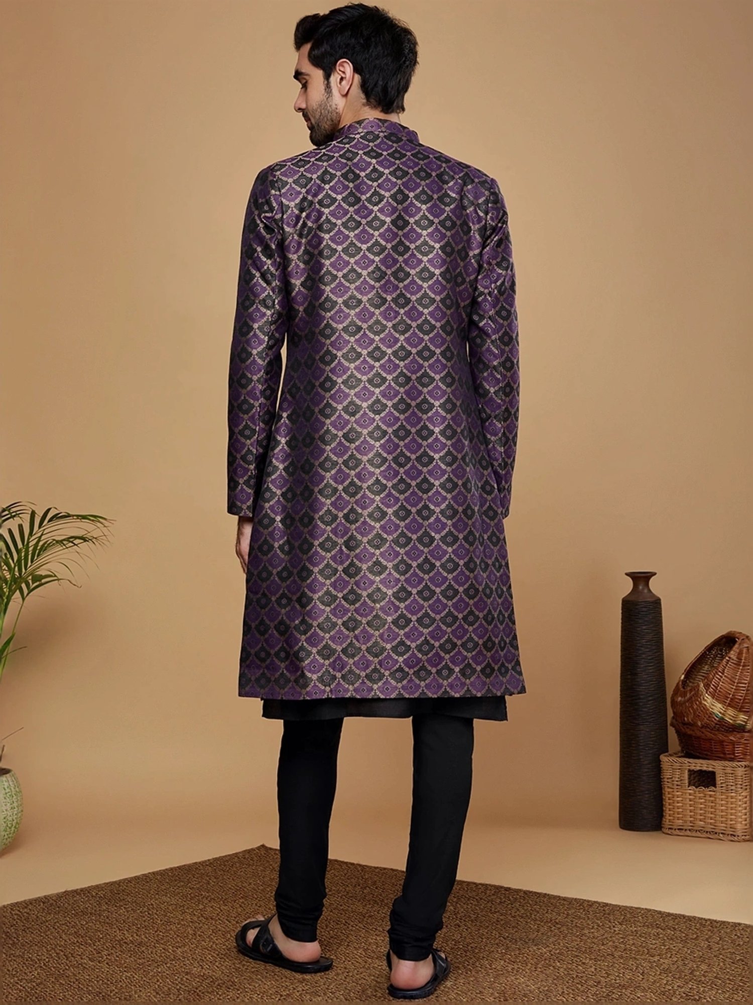 Hangup Plus Beige & Black Regular Fit Printed Sherwani Set