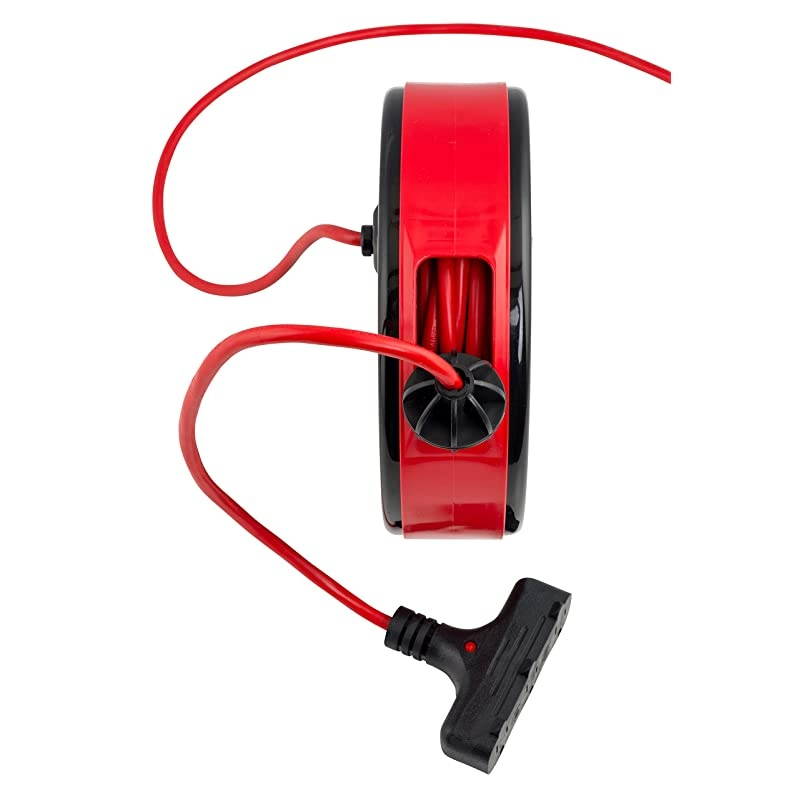 30 ft Retractable Extension Cord Reel Ceiling or Wall Mount 16 gauge Red and Black