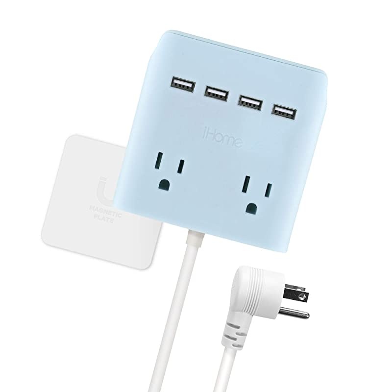Plug Outlet Extender amp Splitter iHome PowerReach 6ft Extension Cord with 2 Outlets amp 4 USB Ports for ple Smartphone Charging DesktopMagnetic Wall Mounting Charger