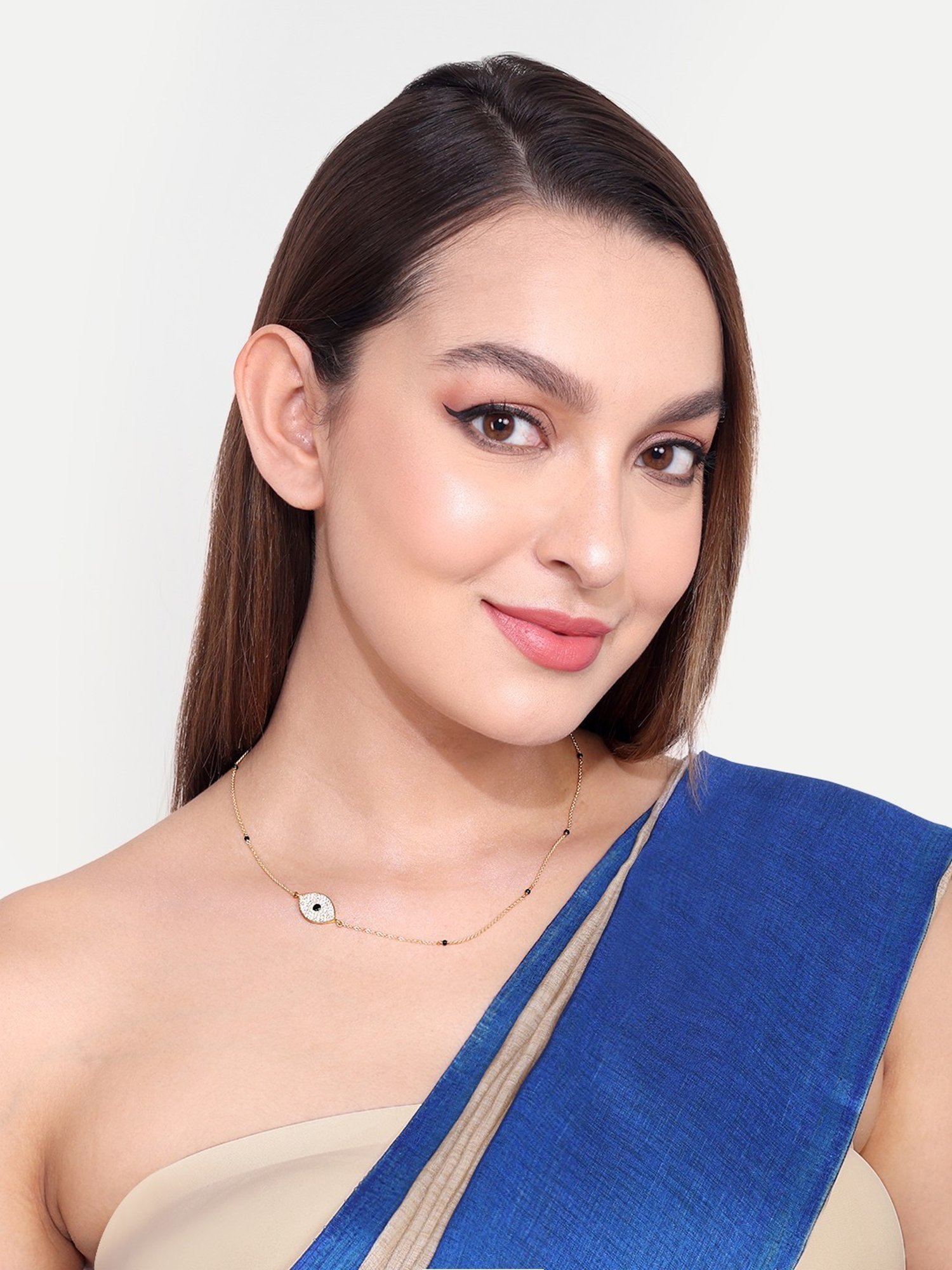 Abdesigns Gold-Plated Black Beaded American Diamond Mangalsutra