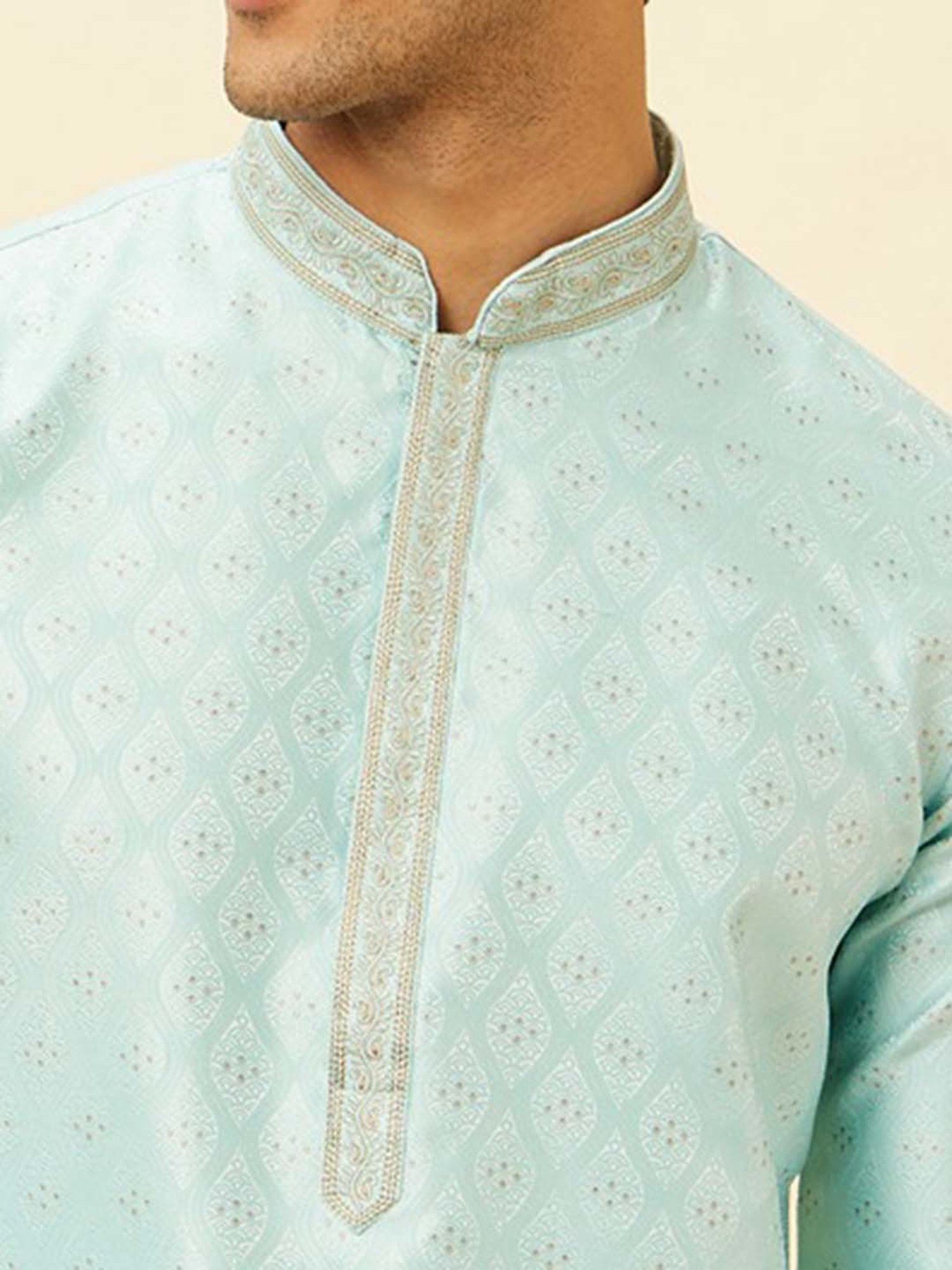 Manyavar Blue & Gold Regular Fit Self Design Kurta & Churidar Set