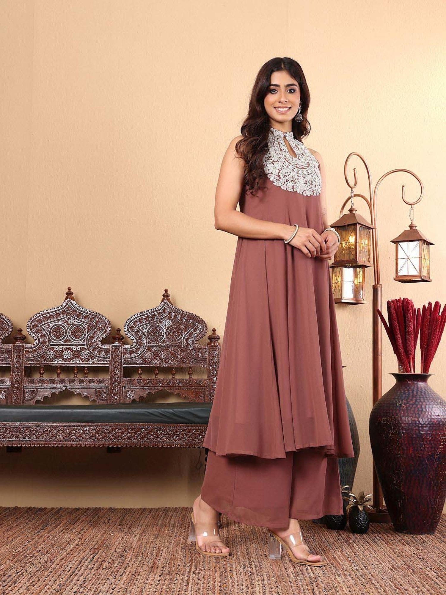Varanga Camel Brown Embroidered Kurta & Palazzo Set