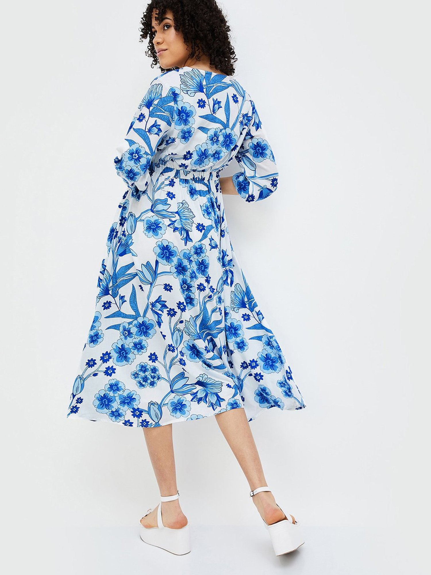 Colour Me by Melange White & Blue Floral Print Midi Dress