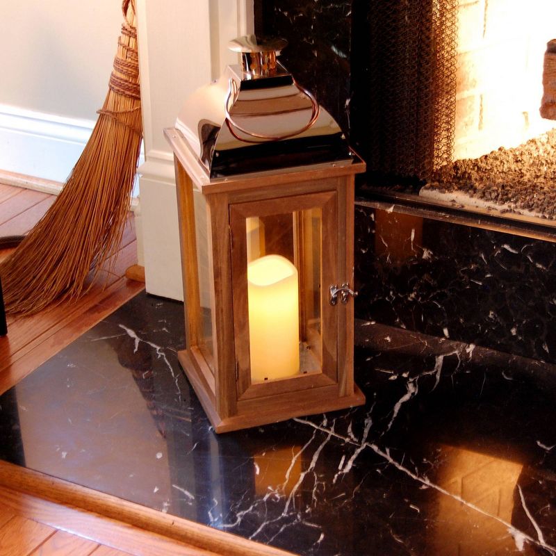 Wooden LED Lantern with Copper Roof and Battery Operated Candle Brown - LumaBase