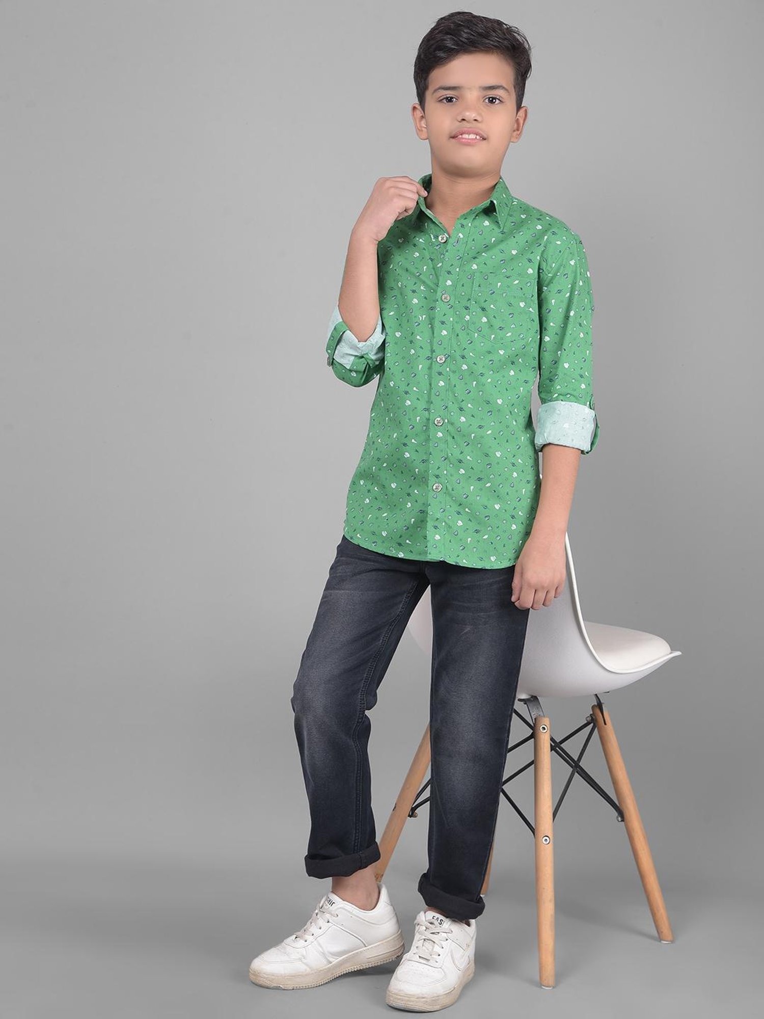 Crimsoune Club Kids Green Printed Full Sleeves Shirt