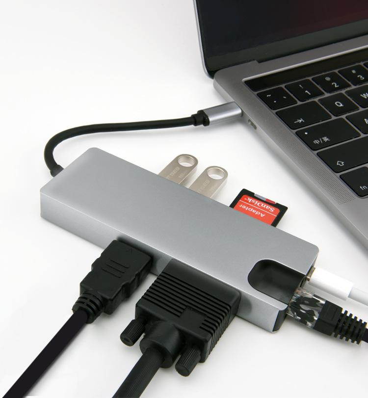 8-in-1Type-C to USB3.0 Gigabit LAN VGA HDMI Hub Power Port SD/TF Docking Station