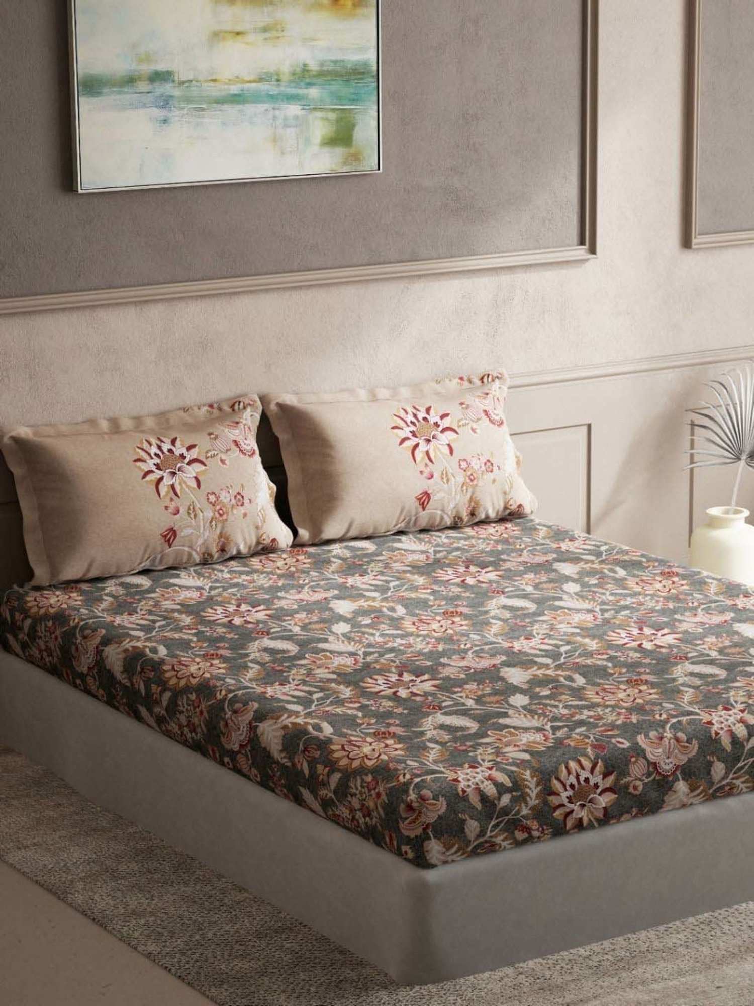 DDecor Jacobean Grace Ethnic Grey Cotton 136 TC Double Bedsheet With 2 Pillow Covers