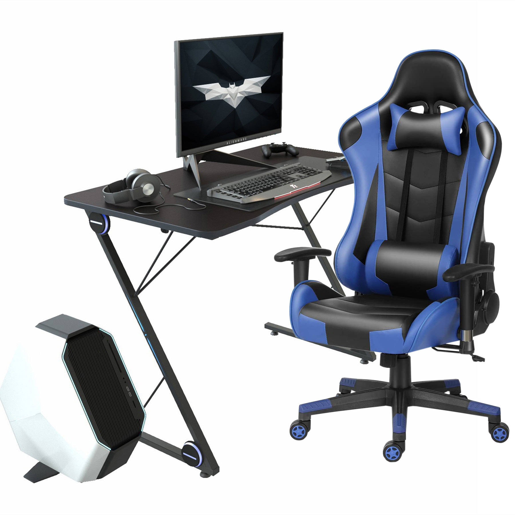 43.3 Inch Gaming Desk with PU Leather Gaming Chair Home Office Desk and Chair Set Z-Shaped E-Sport Gamer Workstation with LED Lights Carbon Fiber Surface, Ergonomic Gaming Table with Cup Holder