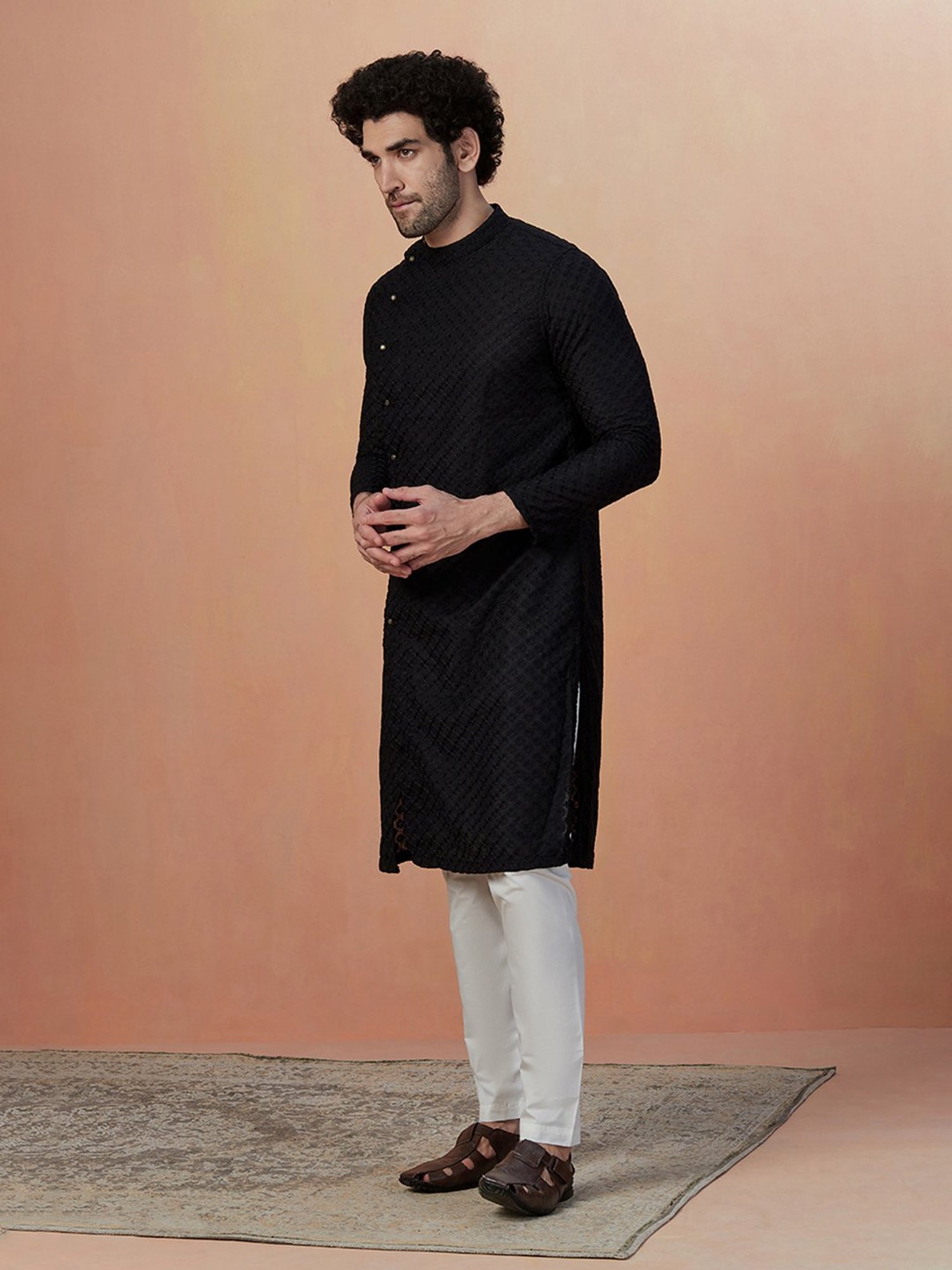 Manyavar Black & Light Beige Embroidered Kurta & Pyjama Set