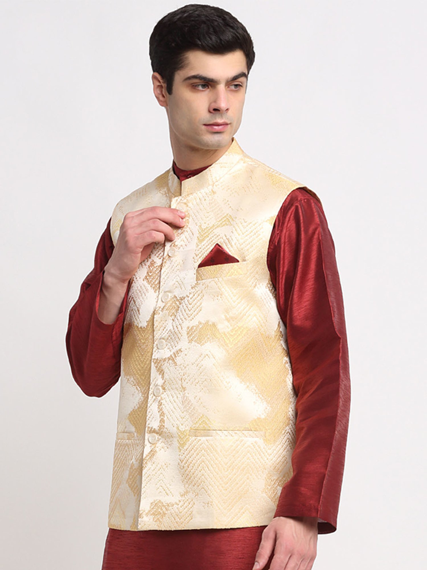 NEUDIS Beige Jacquard Nehru Jacket