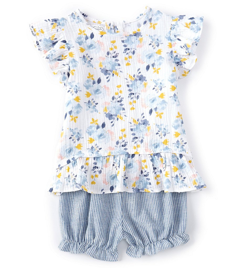 Mud Pie Toddler Girls 4T-5T Flutter-Sleeve Floral Peplum Top & Striped Shorts Set