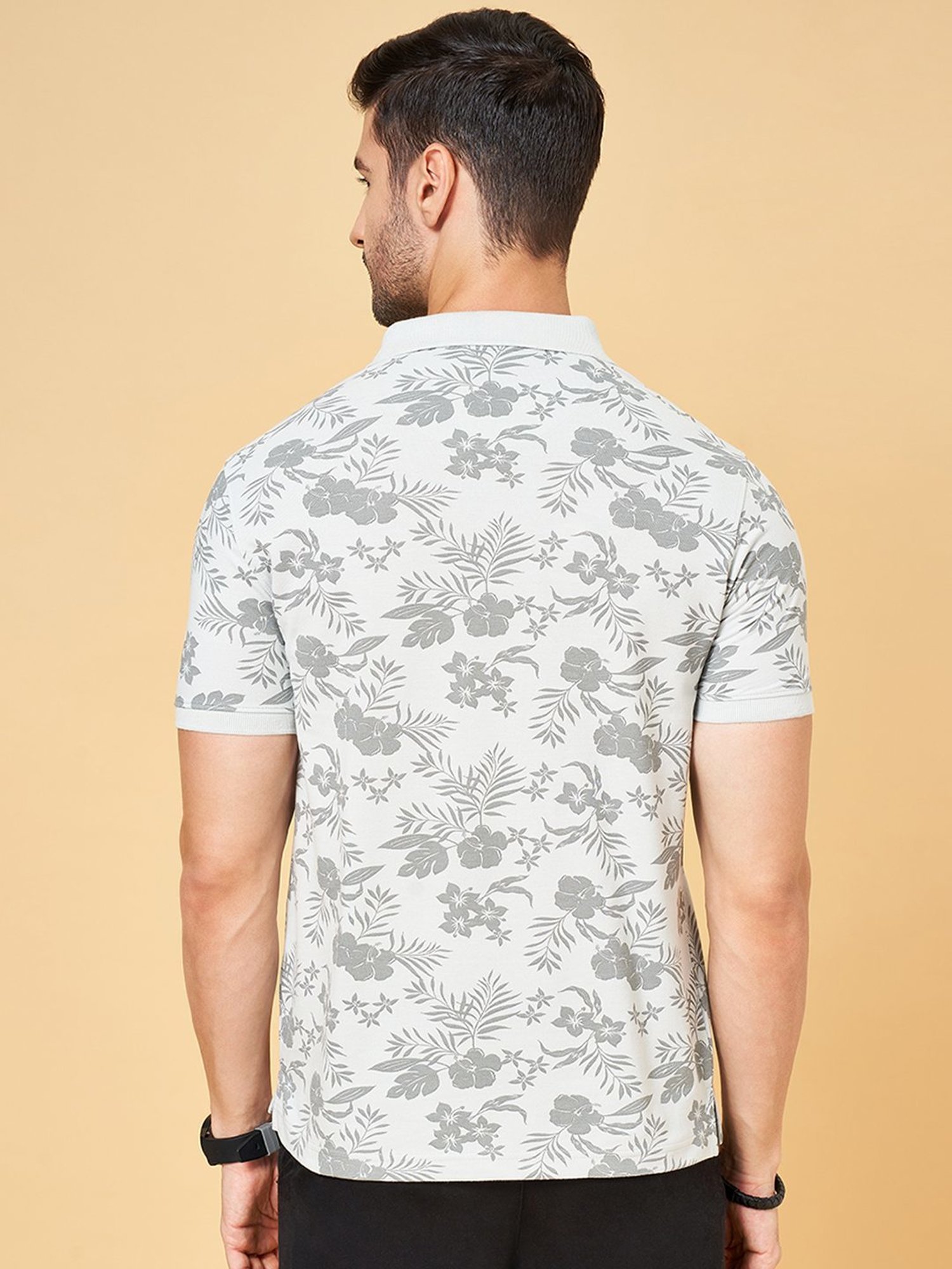 Byford by Pantaloons Light Grey Cotton Slim Fit Printed Polo T-Shirt