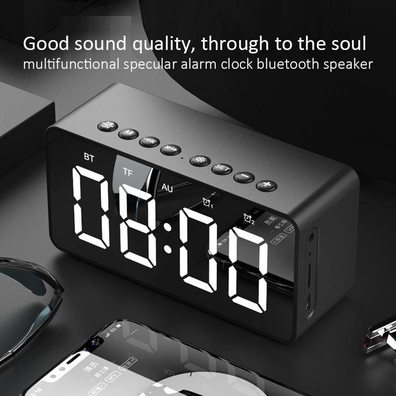 Wireless bluetooth speaker, bluetooth 5.0 speaker with mirrored LED alarm clock and built-in microphone voice, for Android and IOS smart phones,Black
