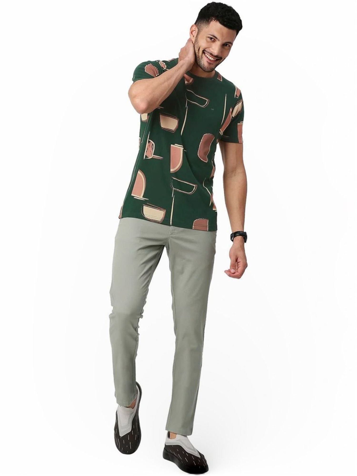 Basics Green Muscle Fit Printed T-Shirt
