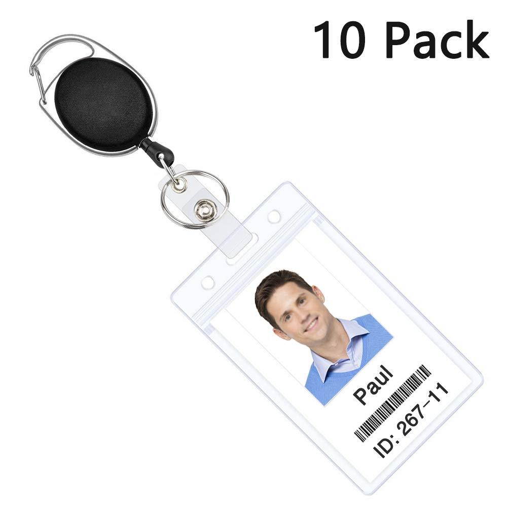 Pawfly Retractable Badge Reel with Heavy Duty Clear Vertical ID Card Badge Holder, Carabiner Belt Clip Split Ring and 27" Cord, Pack of 10