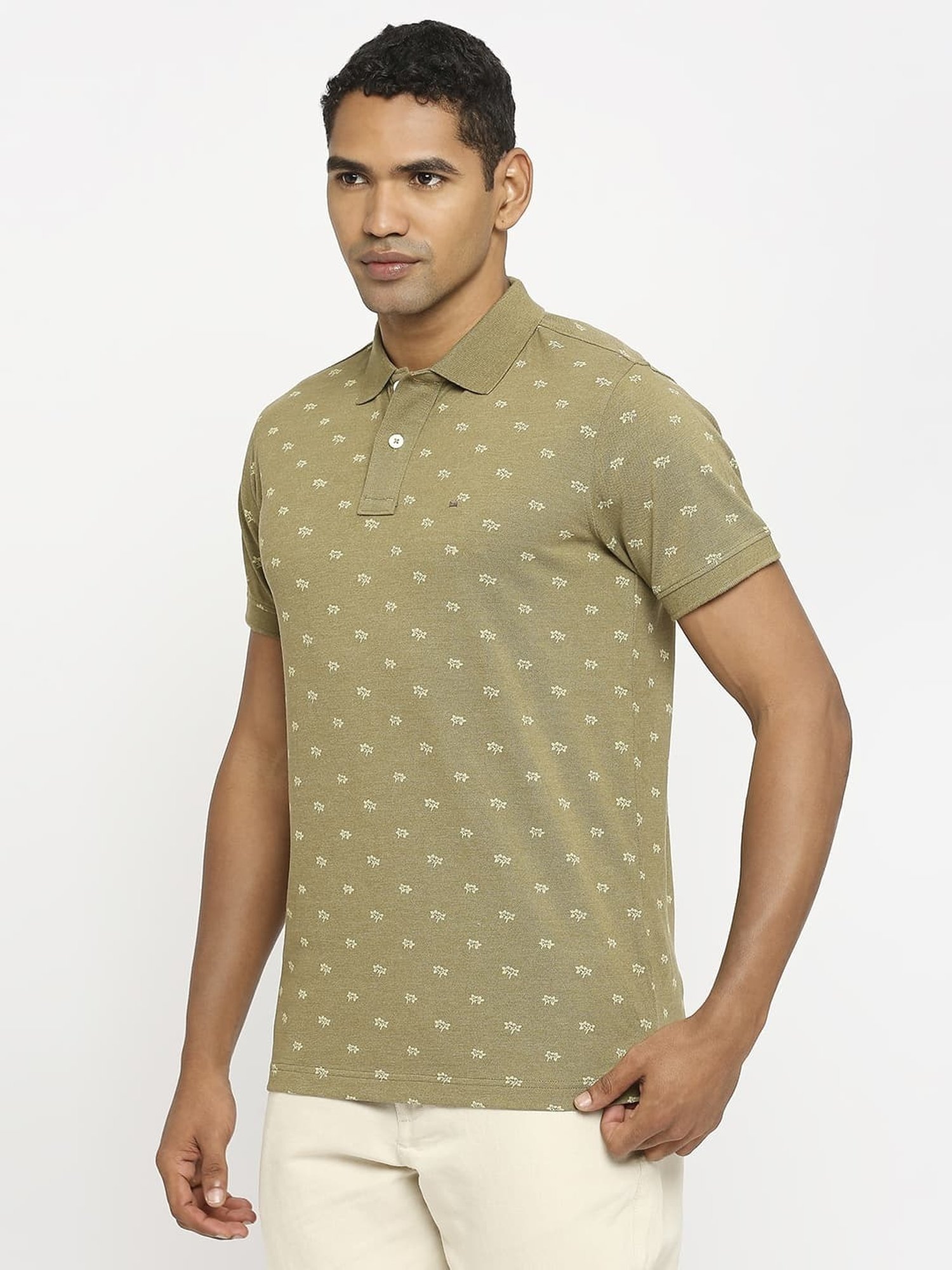 Basics Olive Cotton Muscle Fit Printed Polo T-Shirt