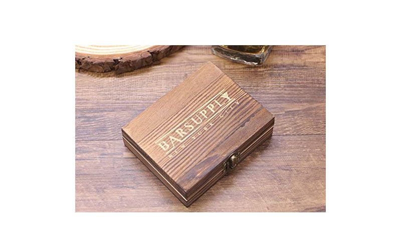 Bar Supply Whiskey Stones Gift Set, 12-Piece Set: 9 Granite Chilling Whiskey Rocks, Stainless Steel Tongs, Velvet Pouch, Wooden Gift Box Set, Reusable Ice Cubes for Whiskey, Scotch, Wine