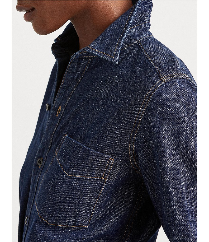 Lauren Ralph Lauren Jameika Denim Long Sleeve Button-Down Collar V-Neck Button Down Shirt Dress