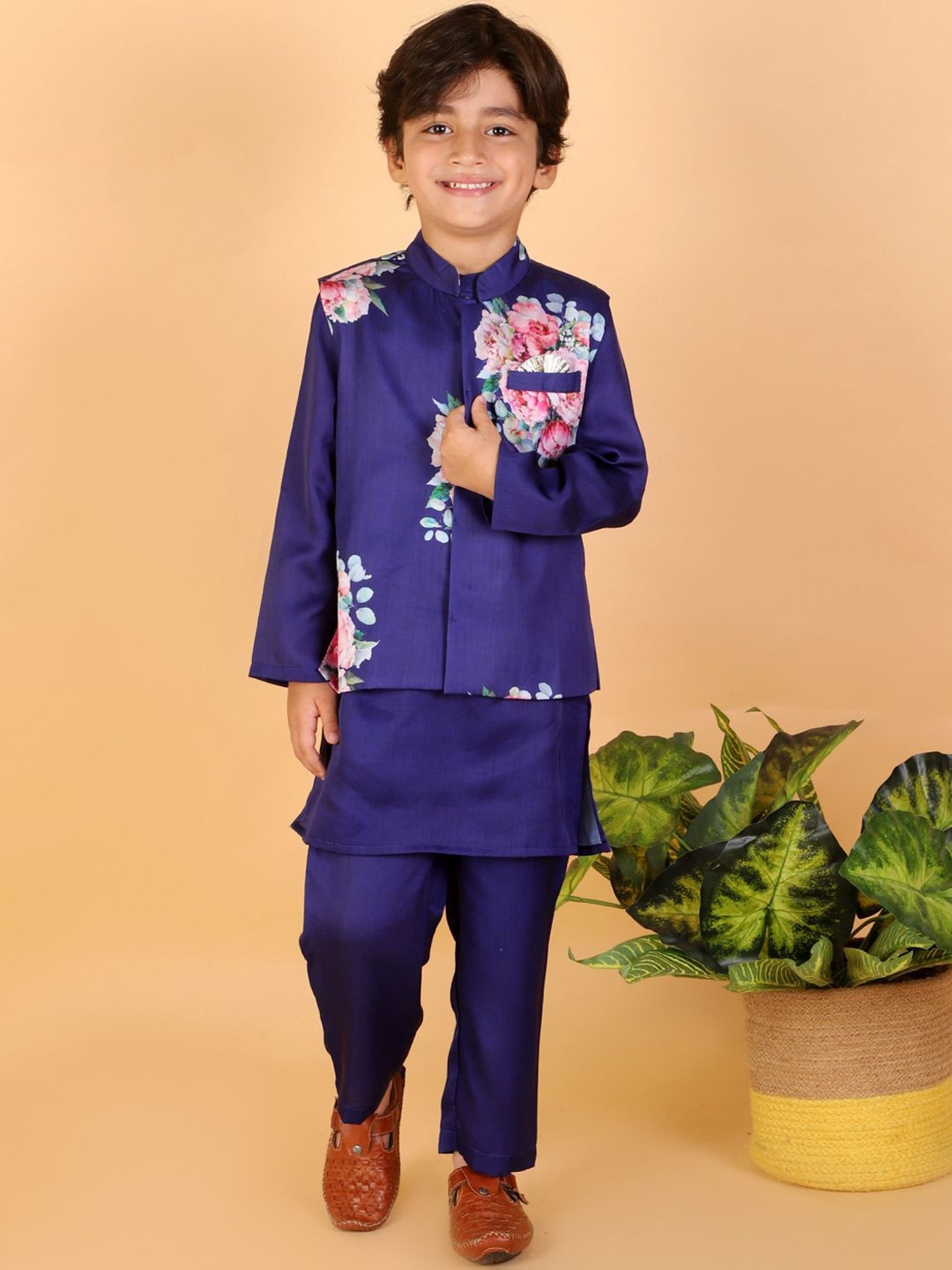 Lil Drama Kids Blue & Pink Floral Print Full Sleeves Kurta Set