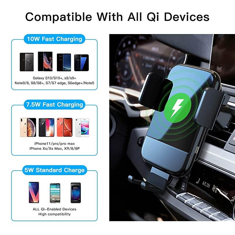 Wireless Car Charger,  Qi Auto-Clamping Air Vent Dashboard Car Phone Holder & QC3.0 Car Charger, 10W Compatible for Galaxy S10/S10+/S9,Charging for iPhone 11/11 Pro/11 Pro Max/XSMax/XS/XR/X/8P/8