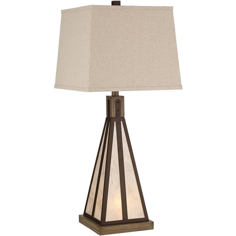 Franklin Iron Works Rustic Industrial Table Lamp with USB Port Nightlight Oiled Bronze Mica Tapered Rectangular Burlap Living Room