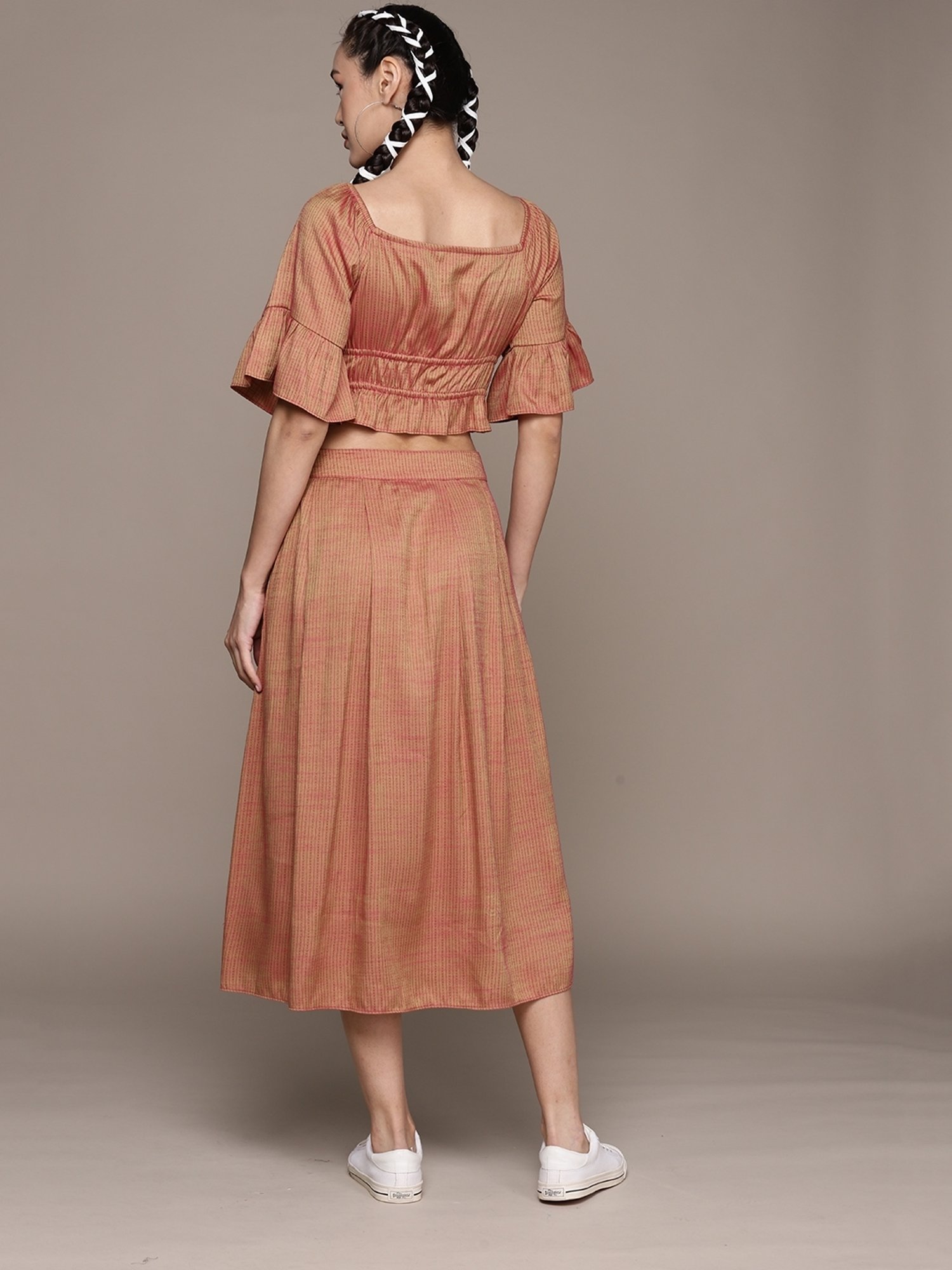 aarke Ritu Kumar Rust Printed Short Top And Skirt Co-Ord Set