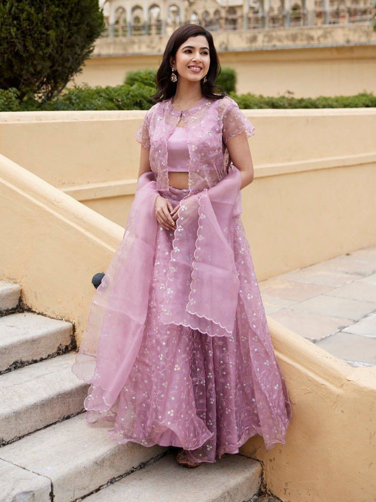 Geroo Jaipur Onion Pink Sequins Embroidery Organza Lehenga Set