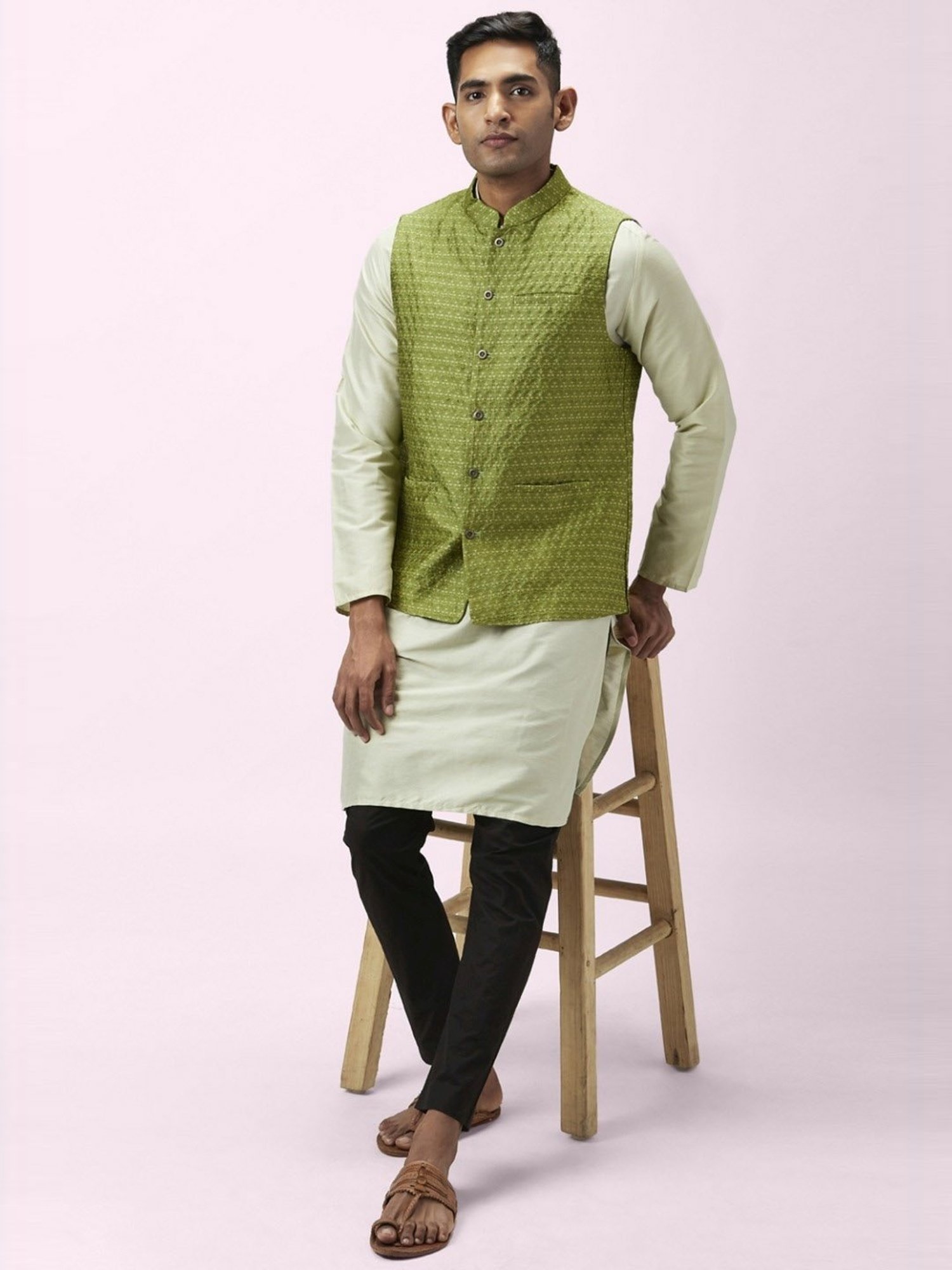 Indus Route By Pantaloons Lime Green Regular Fit Self Pattern Kurta Set With Bottom