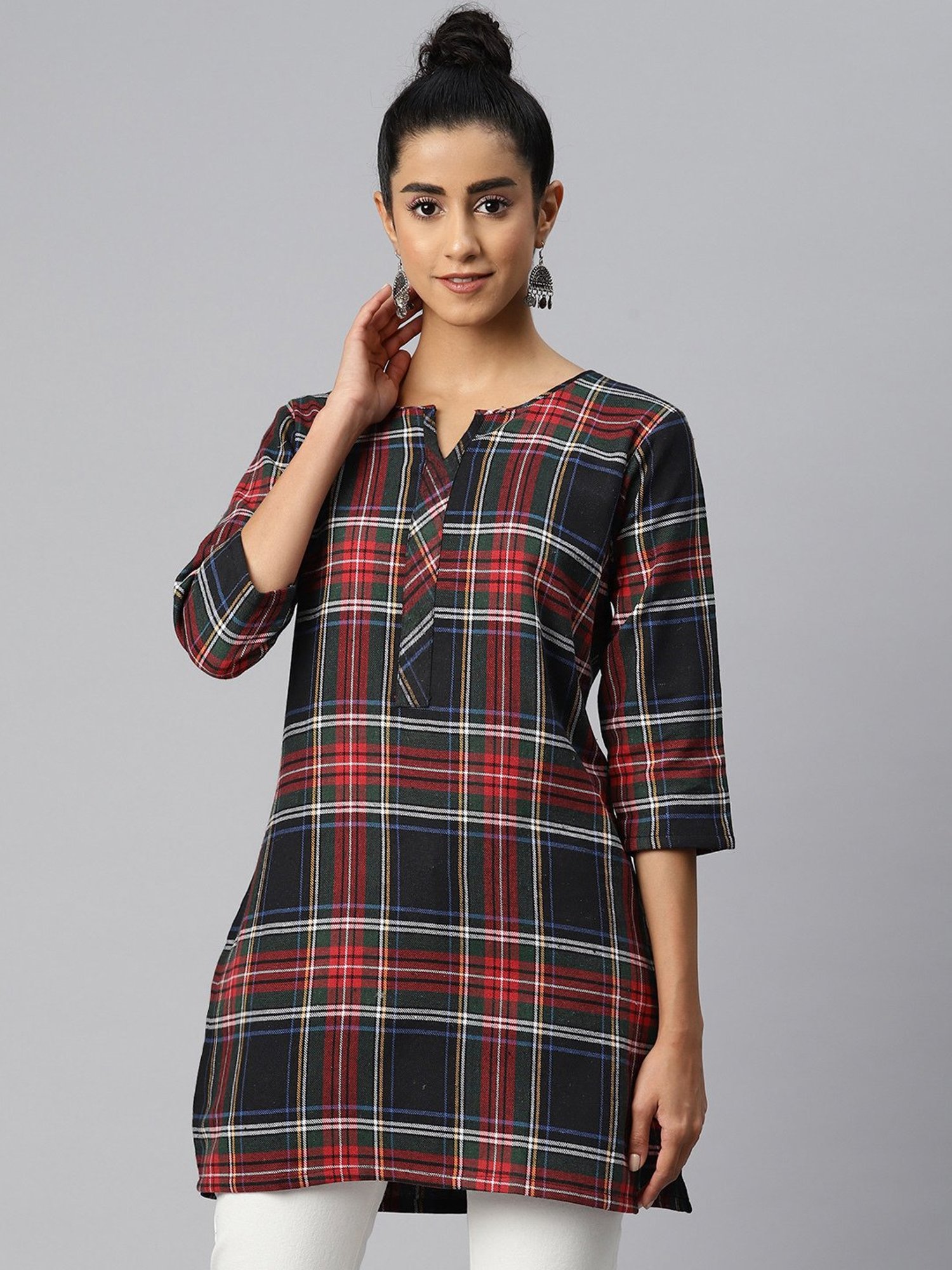 One Femme Brown & Black Check A Line Kurti