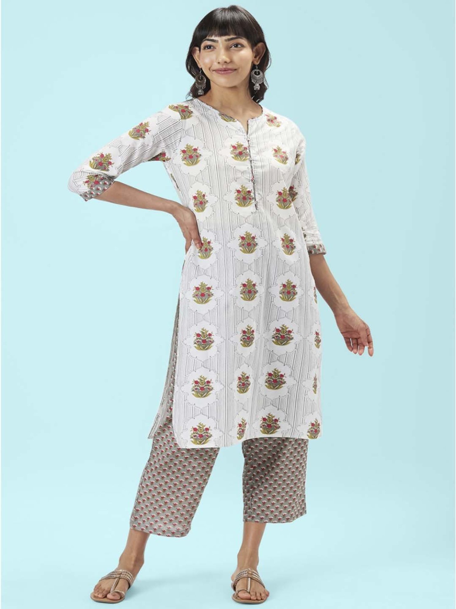 Rangmanch by Pantaloons White & Grey Cotton Floral Print Kurta Palazzo Set