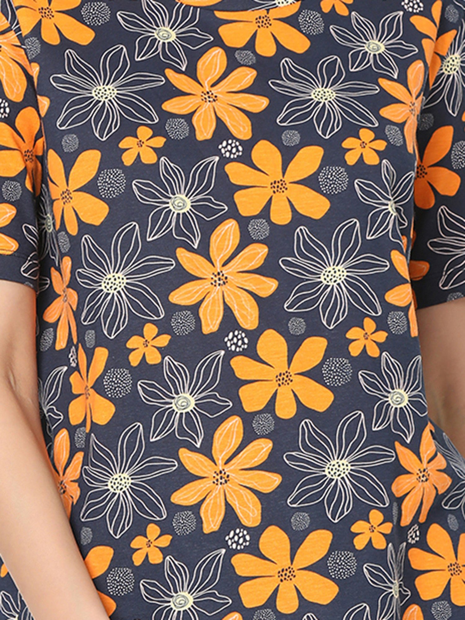 Vero Moda Blue & Yellow Cotton Floral Print T-Shirt
