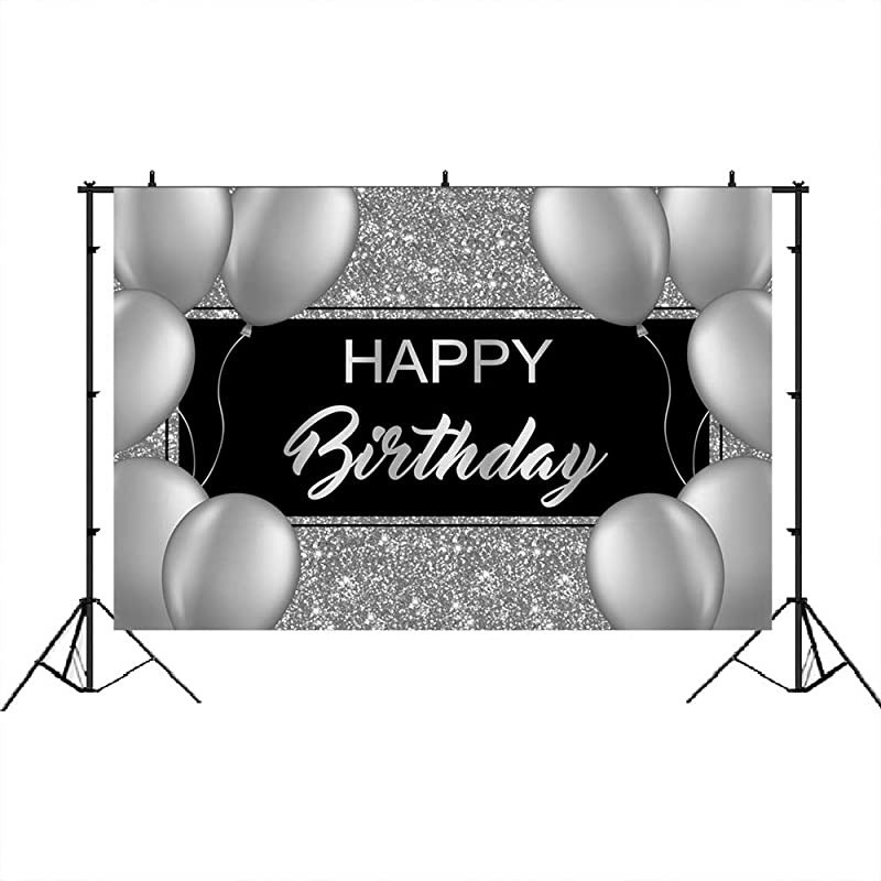 Birthday Photography Backdrop Shinning Sliver and Gery Balloons Birthday Background Black Birthday Party Decorations Banner Photo Studio Props 5x3ft
