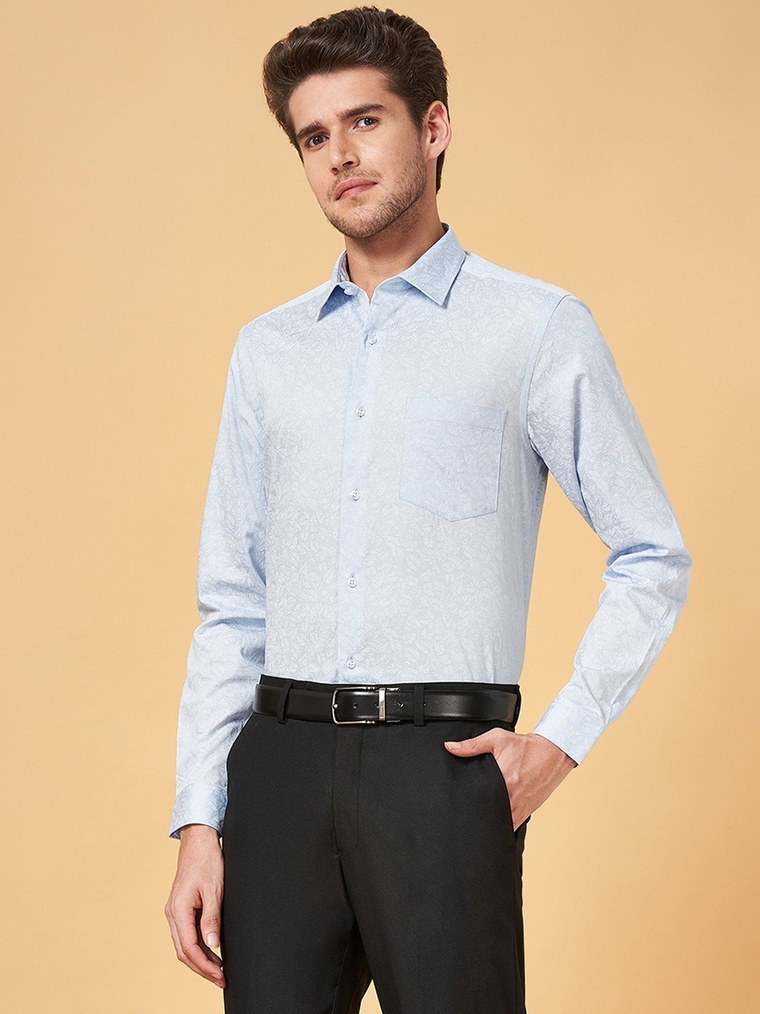 Peregrine By Pantaloons Blue Cotton Slim Fit Printed Shirt