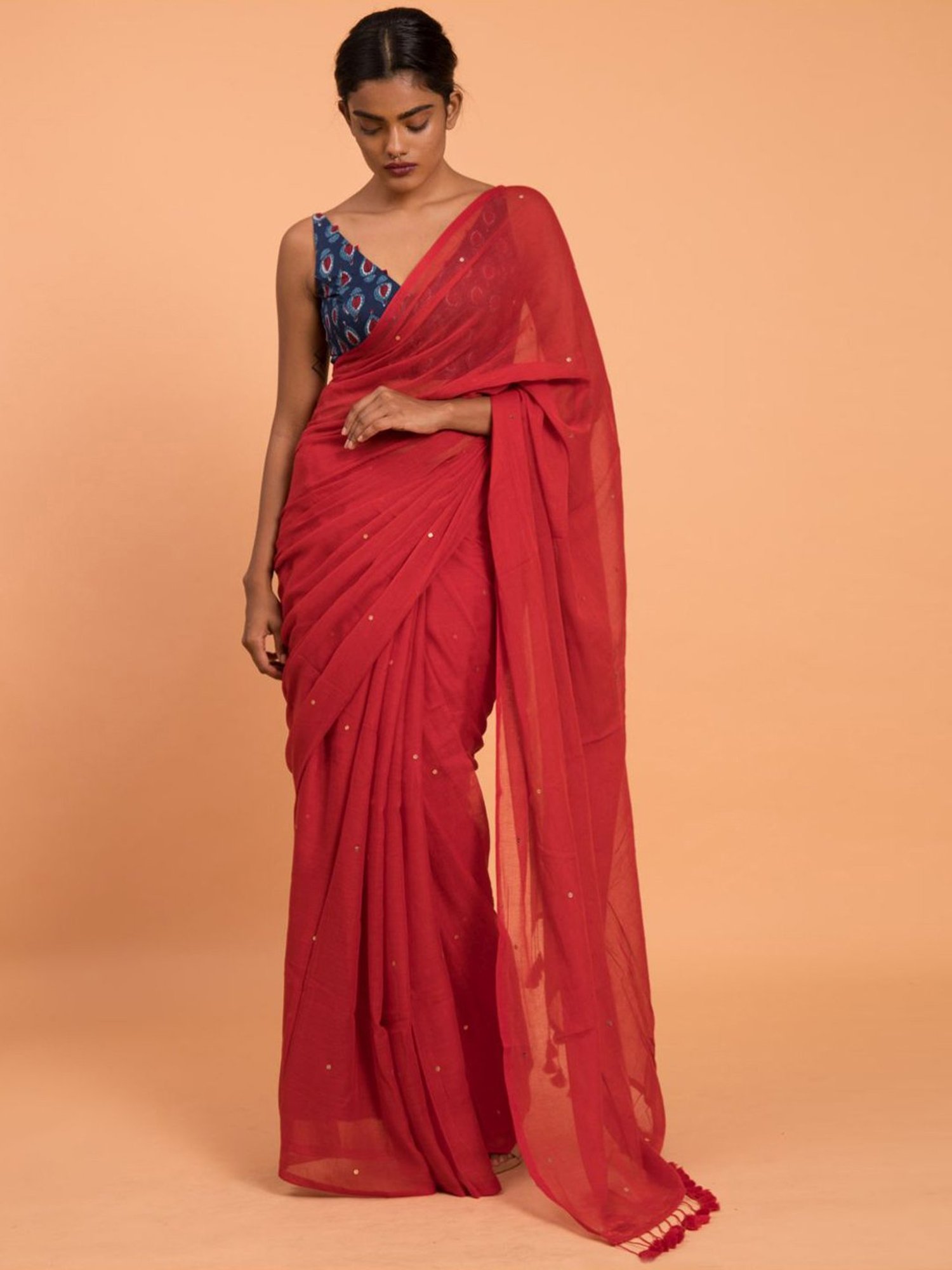 Suta Red Cotton Embellished Saree Without Blouse