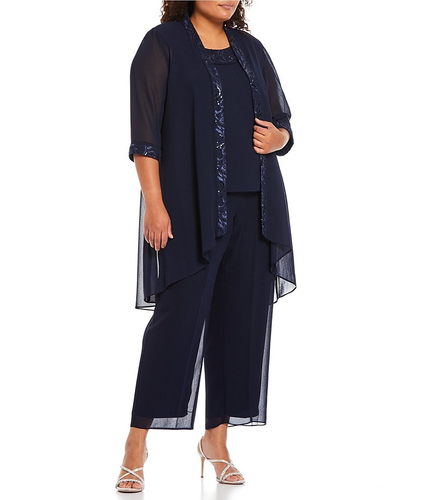 Le Bos Plus Size Scoop Neck 3/4 Sleeve 3-Piece Embroidered Sequin Trim Pant Set