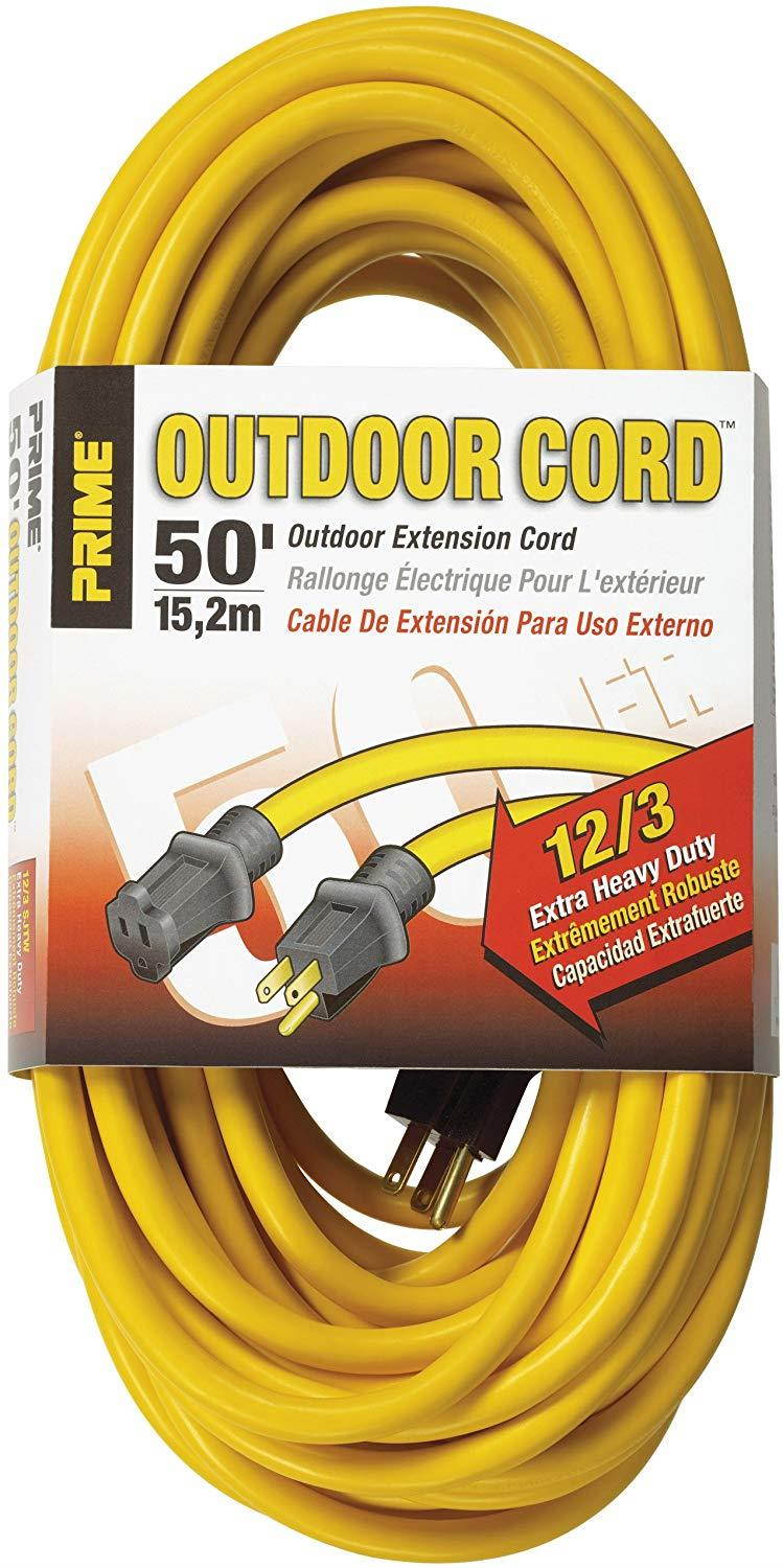 Prime Wire & Cable EC500830 Prime Extra Heavy-Duty, Single Outlet Extension Cord, 12/3 ga, 15 A, 125 V, 50 ft L, Yellow