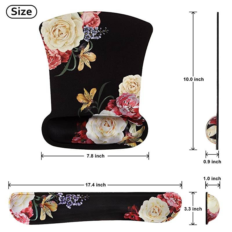 Black Peony Mouse Pad with Wrist Support and Keyboard Wrist Rest Pad Set for Computers & Laptop, Made of Memory Foam, Soft and Breathable, Ergonomic Design, Non-Slip Rubber Base, Easy Typing
