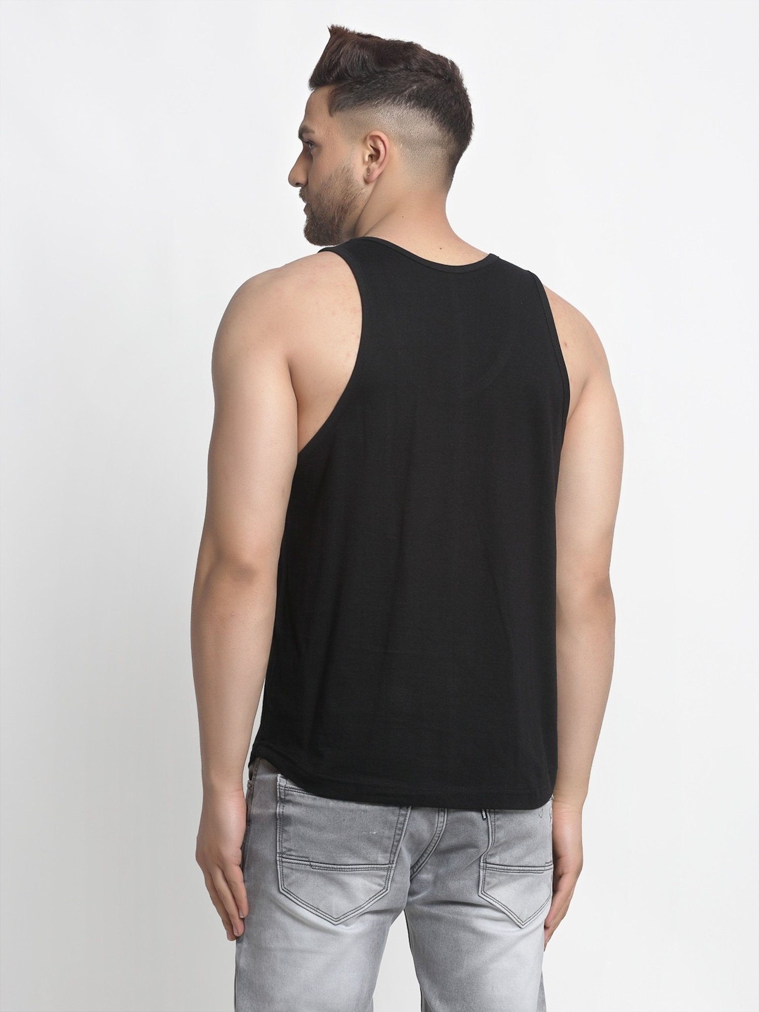 Friskers Black Cotton Slim Fit Printed Gym Vest