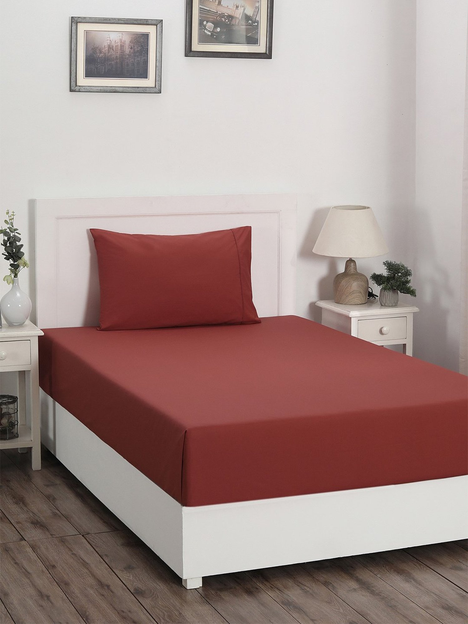 Maspar Colorart Slumber Red 200 TC Cotton Single Size Bed Sheet with 1 Pillow Cover