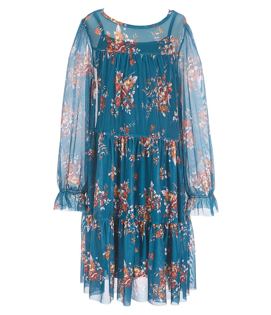 Zunie Big Girls 7-16 Long-Sleeve Floral Print Tiered Mesh Babydoll Dress