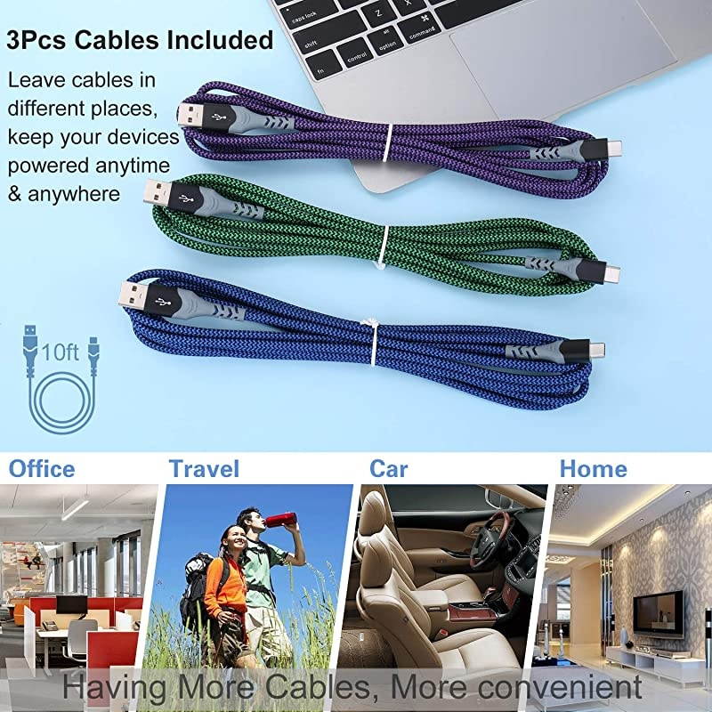 Type C Fast Charger Cable,  3 Pack 10ft Nylon Braided USB C Cable Fast Charger Charging Cord Compatible with Samsung Galaxy S10 S10E S9 S8 Plus Note 10 9 8,Moto Z,LG G8 G5 G6-Blue,Green,Purple