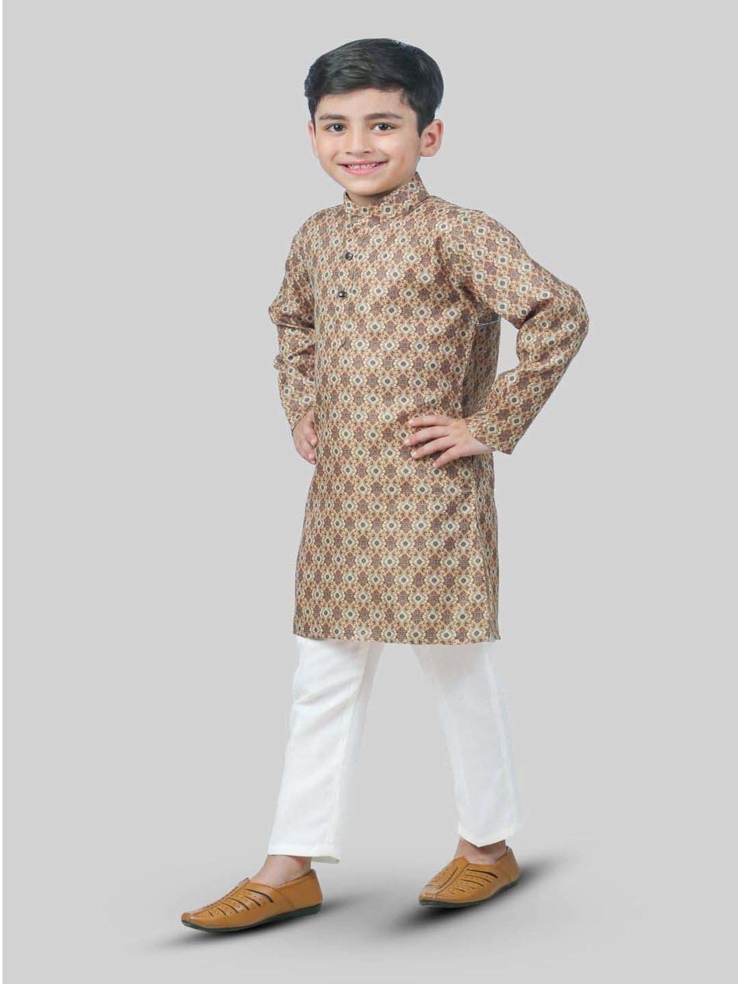 Ahhaaaa Kids Cream & White Cotton Handloom Full Sleeves Kurta Set